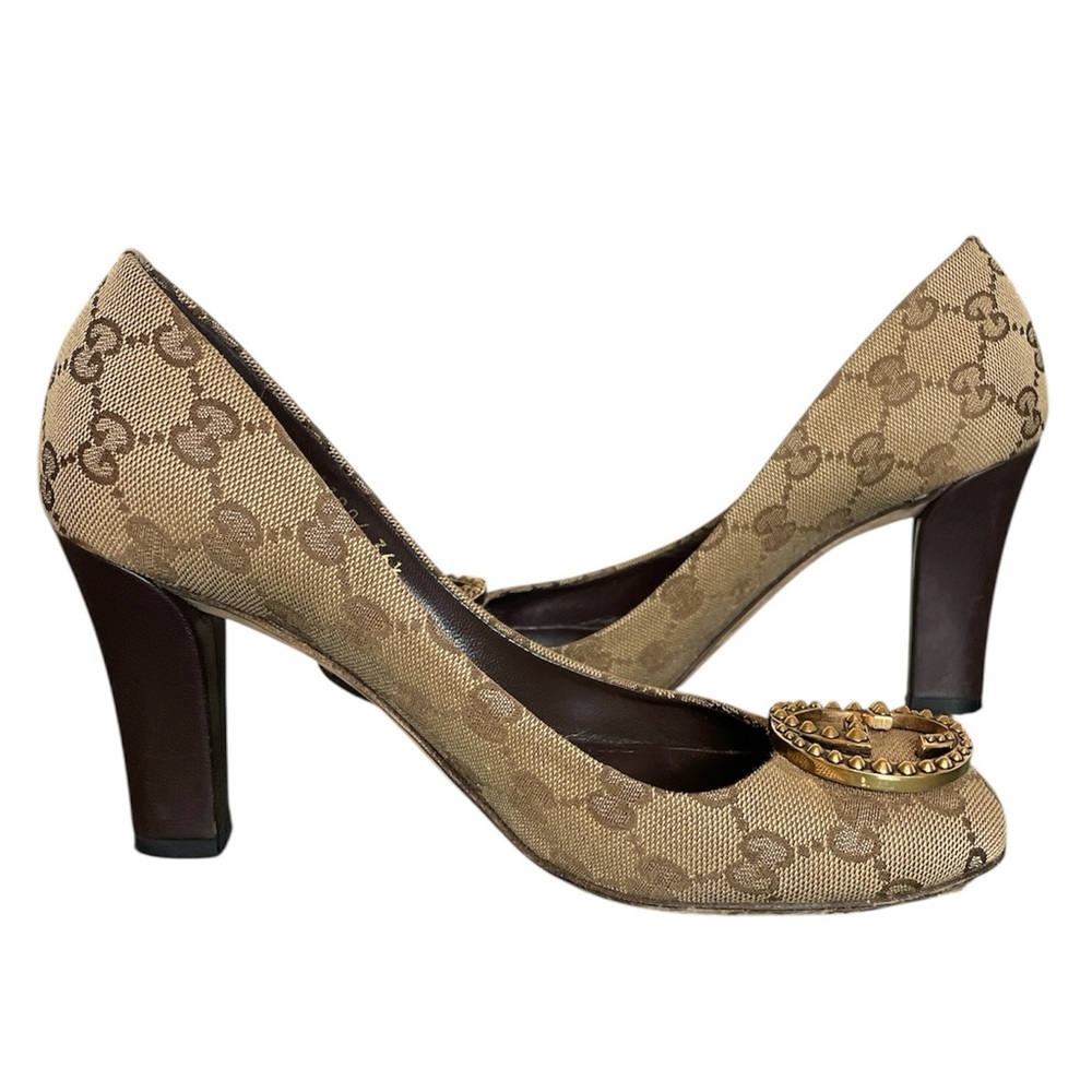 GUCCI Canvas Supreme Interlocking GG Logo Studded Block Heel Pumps \\ 36.5 - Picture 8 of 13